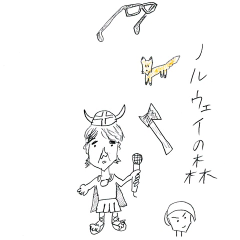 Animated GIF containing several hand-drawn elements—including glasses, a fox, an axe, a girl’s portrait, two outtake face sketches, and a singing Viking-like character holding a microphone—along with Japanese text. The GIF also includes a brief subliminal appearance of a fox illustration and ends with a photograph of the band members in their rehearsal studio, all referencing Tokyo Desmo’s new single ‘noruwei no nori.’